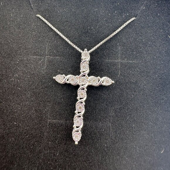 Beautiful Cross Necklace with Natural Diamonds in Illusion Setting and 18" Sterl - Picture 2 of 10